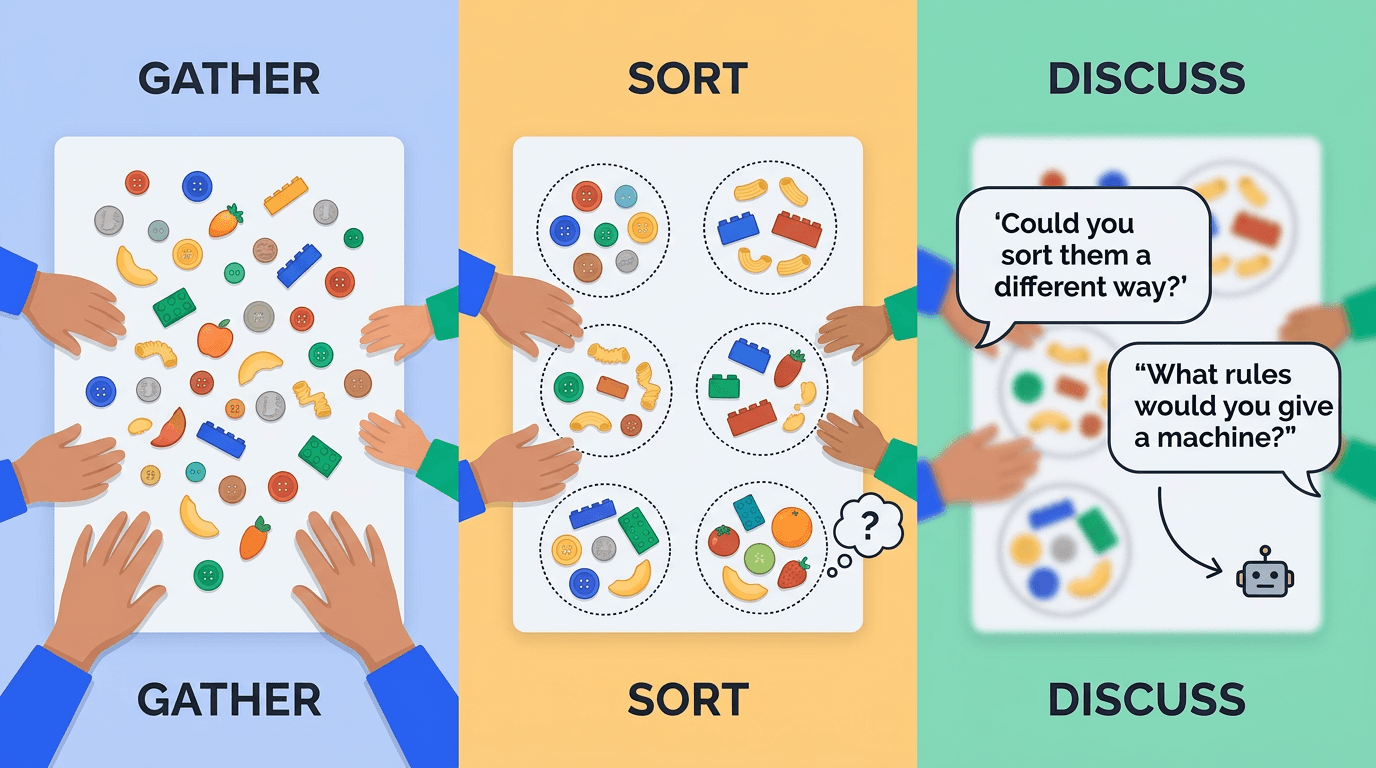 The Weekend Sorting Game — a 3-step activity showing Gather, Sort, and Discuss phases using household objects