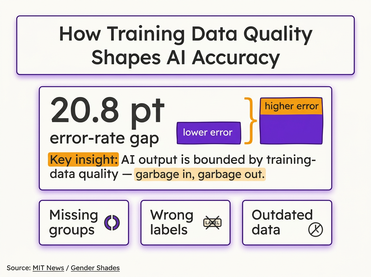 A 20.8-point error gap, and the three ways data goes wrong — missing groups, wrong labels, outdated data.